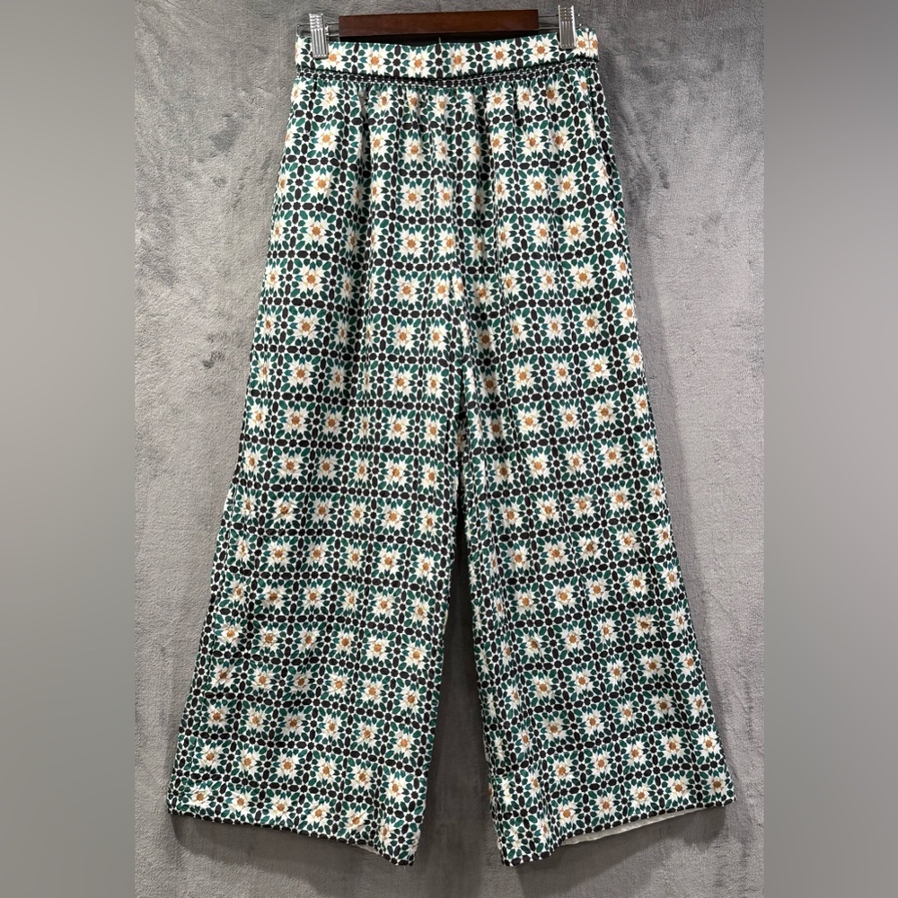 Theory 100% Silk Green Geometric Print Wide Leg Trouser Pants Size S Bohemian - Picture 1 of 9